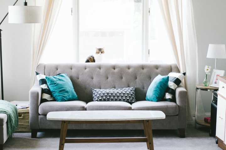 Grå soffa med turkosa kuddar i vardagsrum