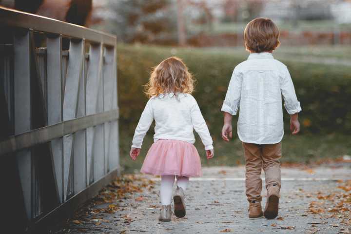 Sibling walking on a bridge