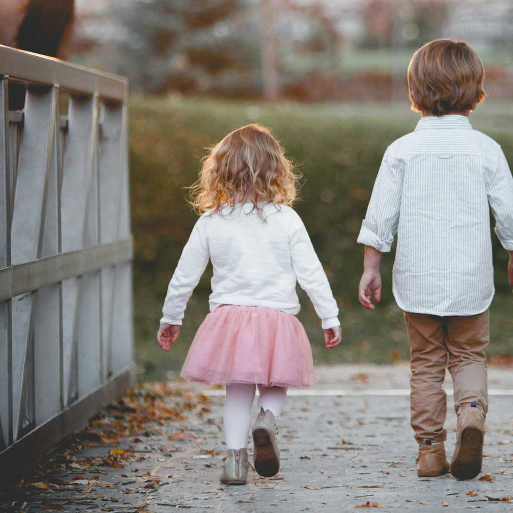 Sibling walking on a bridge