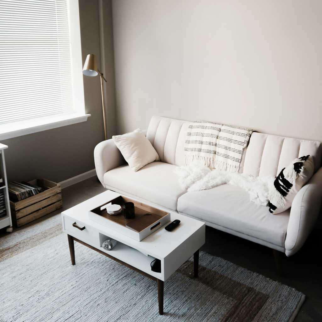 A livingroom with beige wall and white furniture