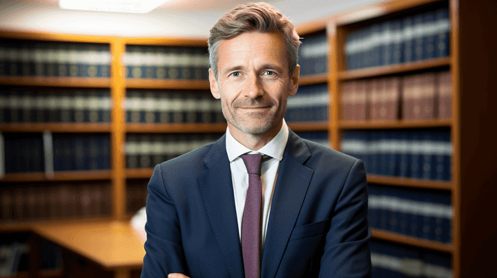 An experienced family lawyer posing to camera at his office.