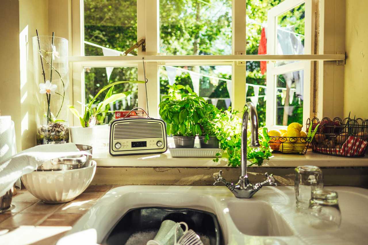 Kitchen sink in front of a window showing green garden