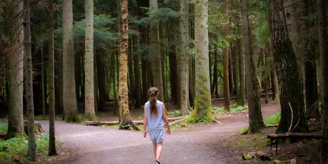 Kvinde går hen til et kryds i en skov